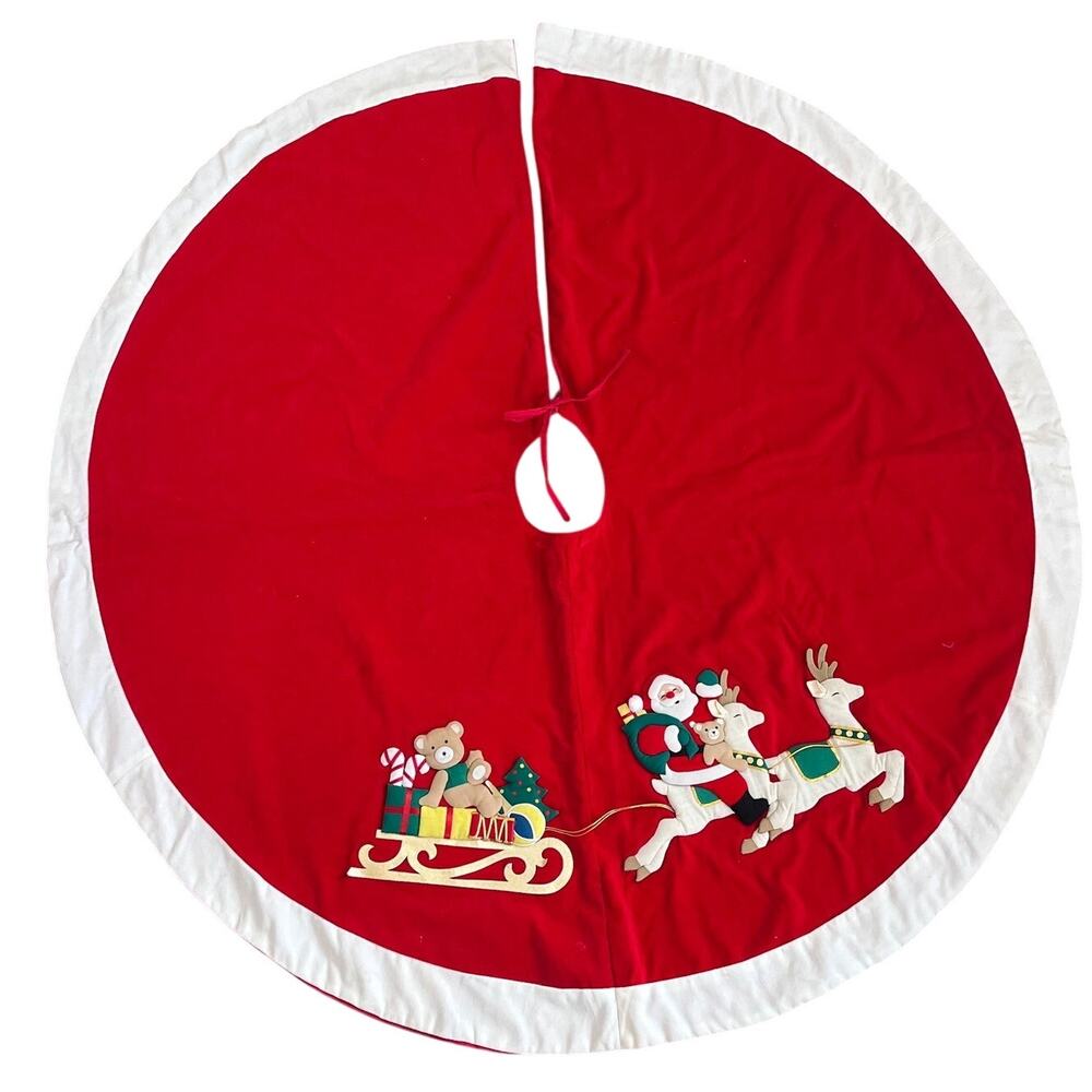 Vintage Christmas Tree Skirt Red 46" Round Sleigh Bear Gifts Reindeer Santa